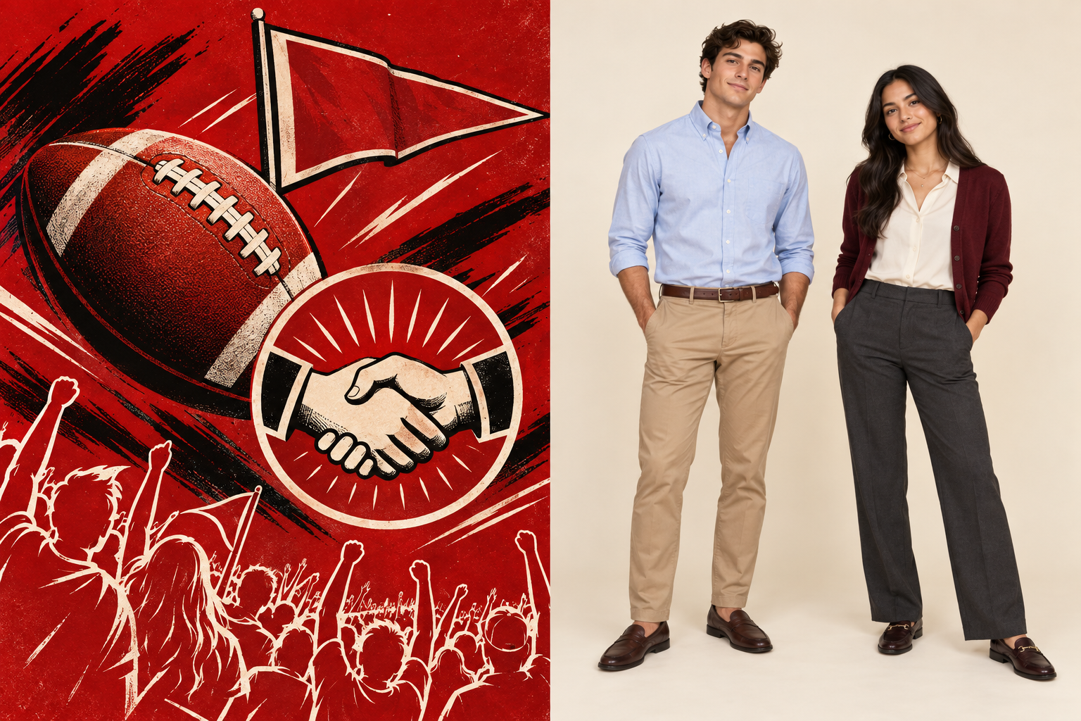 Football, handshake and pennant graphics beside business casual outfit examples: button-down and chinos, or blouse and cardigan with tailored trousers and loafers.