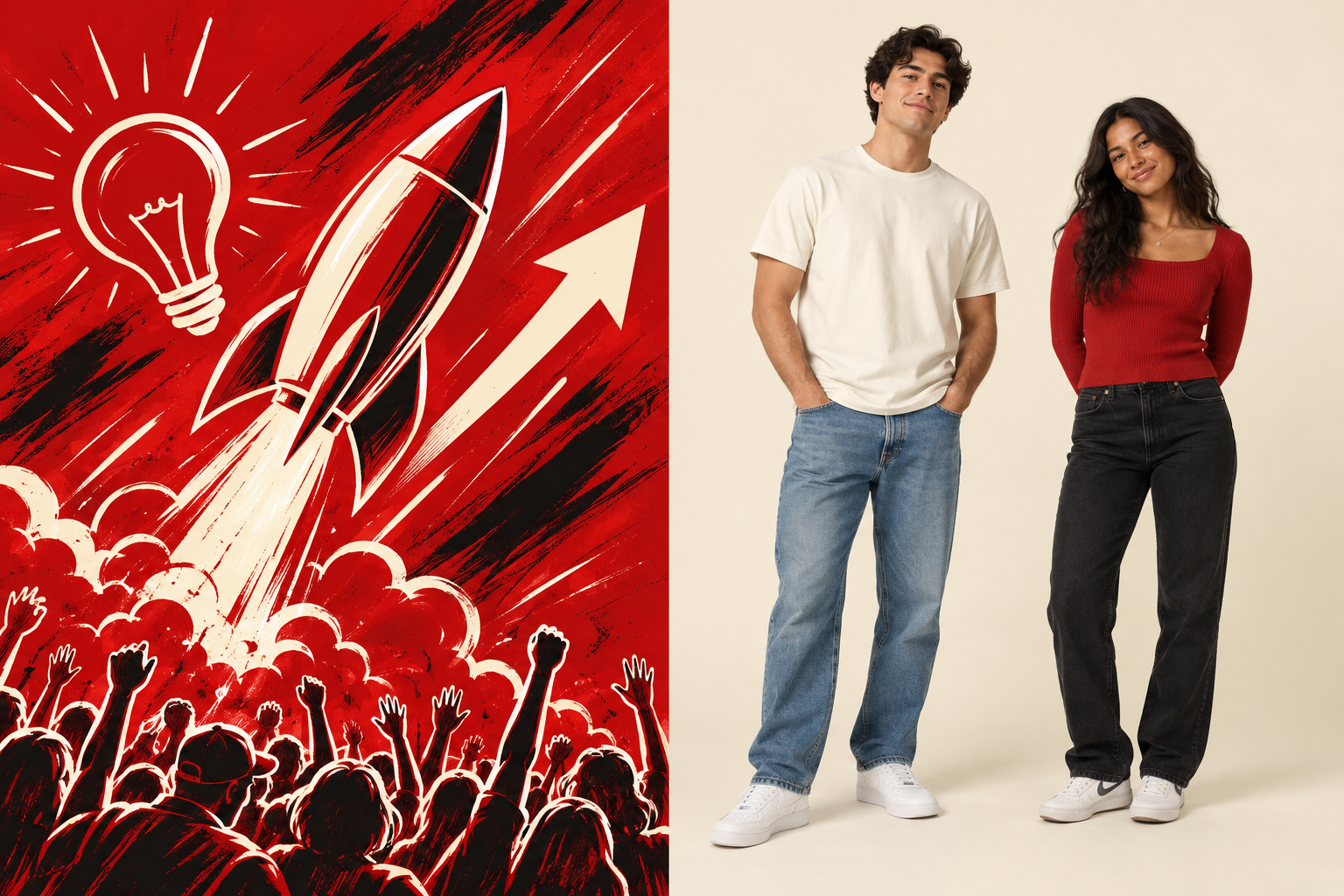 Rocket, lightbulb and arrow graphics beside casual outfit examples: T-shirt or knit top, jeans and sneakers.
