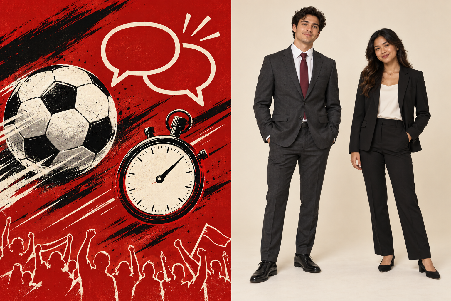 Soccer ball, conversation bubbles and stopwatch graphics beside business professional outfit examples: matching suits, a shirt and tie or blouse, and dress shoes.